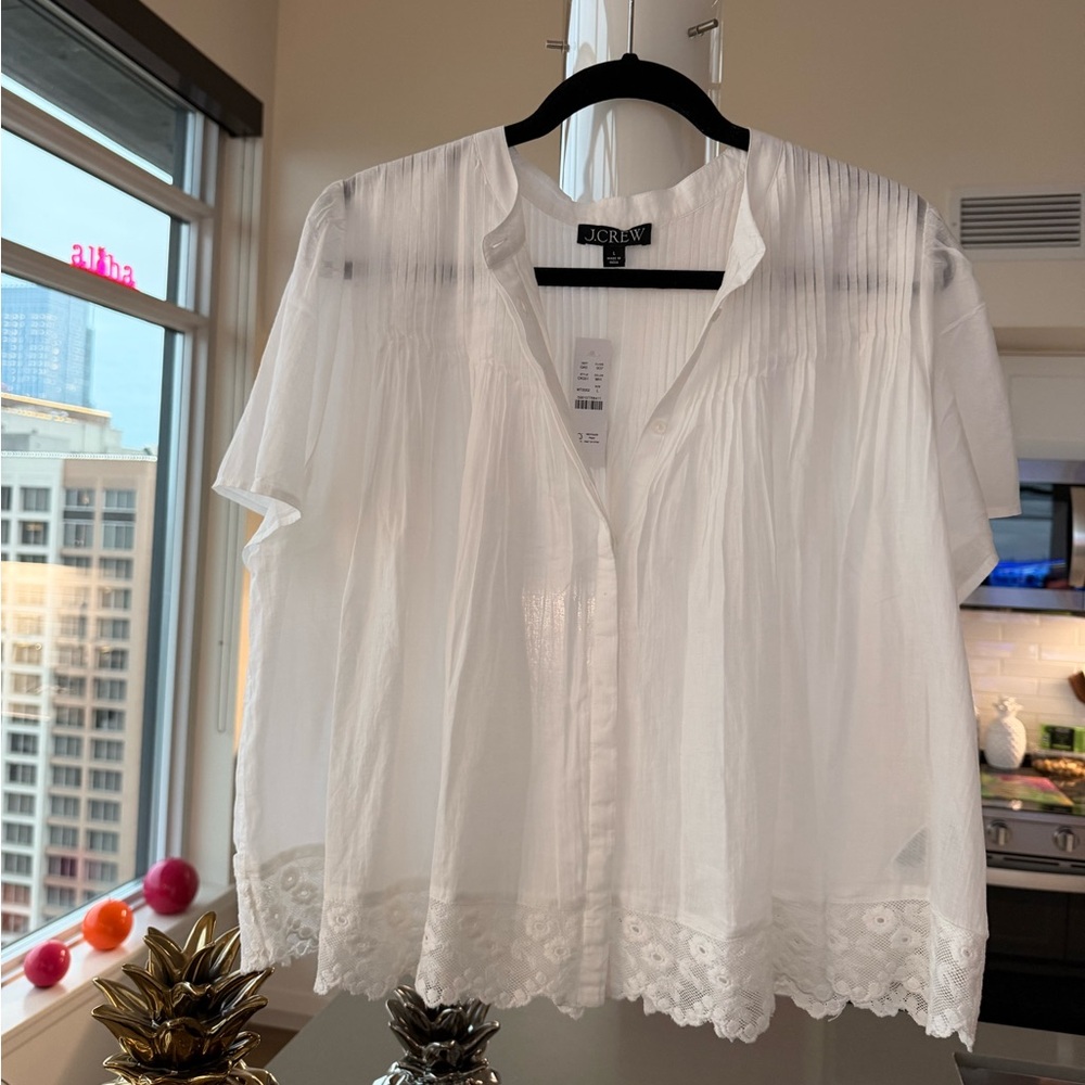J.Crew NWT lace-trim pintuck white top blouse shirt so breezy sz L